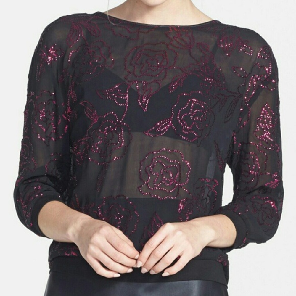 NEW Sheer Sparkly Floral Zip Up Top